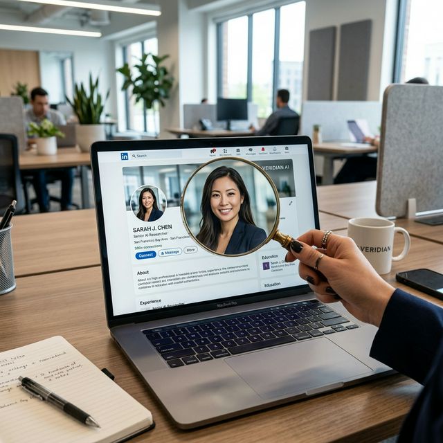 Recruiter inspecting an AI headshot with a magnifying glass