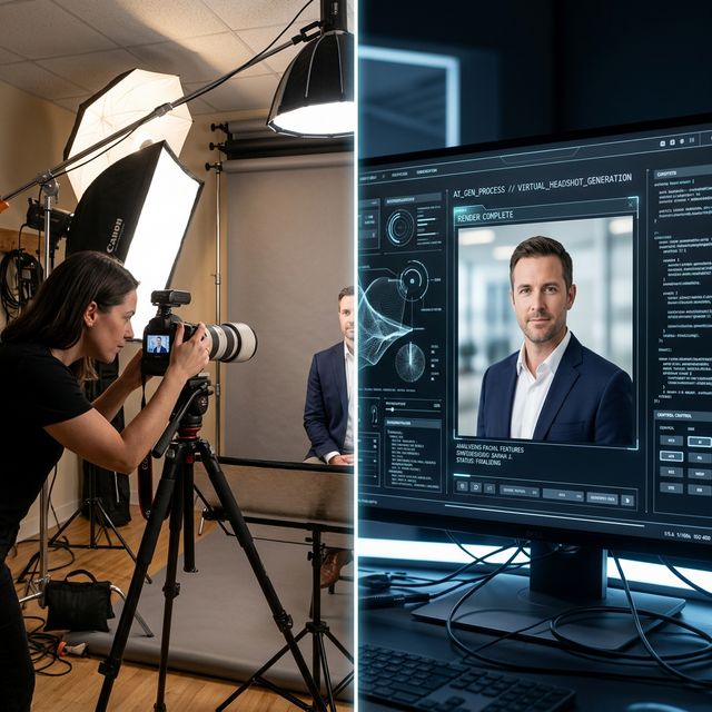 A split screen comparison of a photography studio and an AI software interface